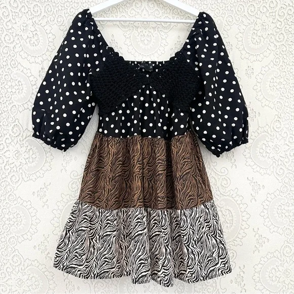 ASOS DESIGN crochet tiered babydoll mini dress in mixed animal - Picture 6 of 15